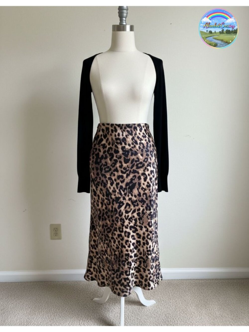 Silk Satin Midi Skirt High Waisted Leopard Long